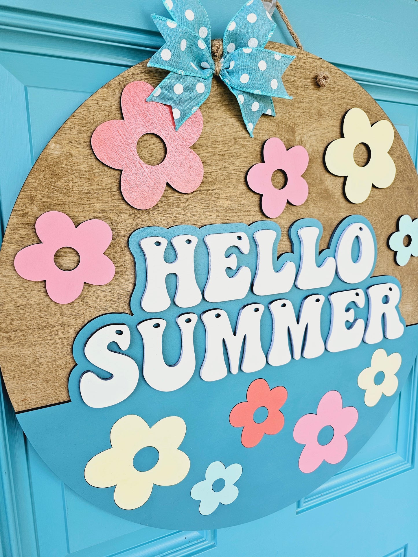 Hello Summer Retro Flowers Door Hanger