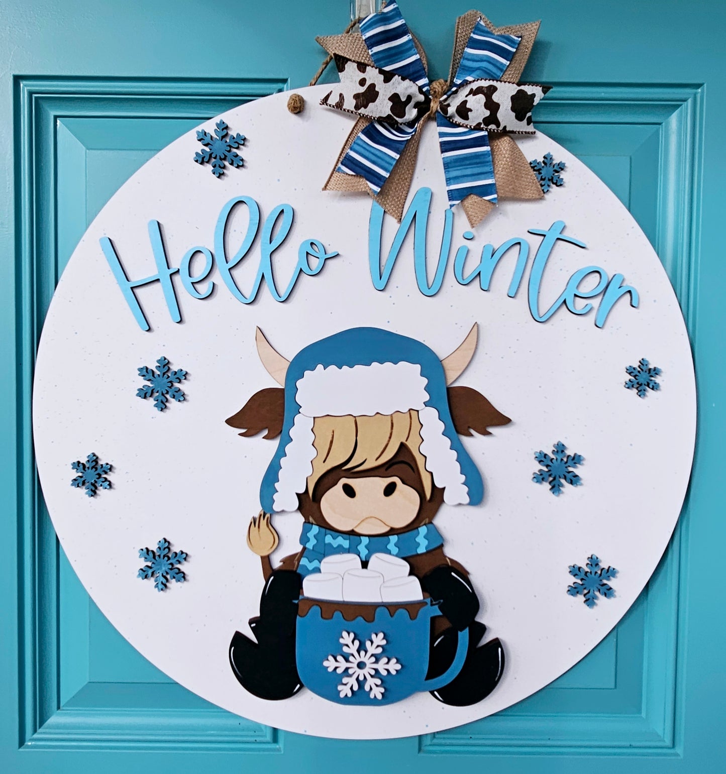 Hello Winter Highland Cow Door Hanger
