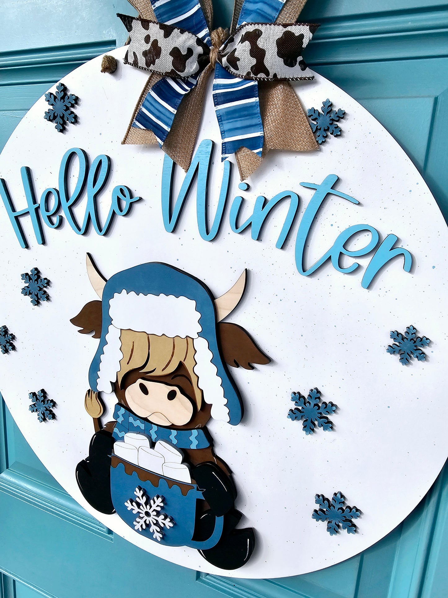 Hello Winter Highland Cow Door Hanger