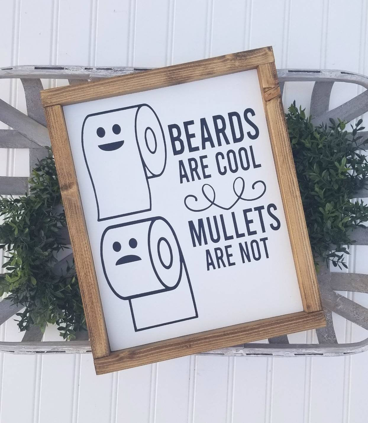 Beards are cool | Mullets are not | Humerous Bathroom Sign | Funny Bathroom Decor | Rustic Wood Sign