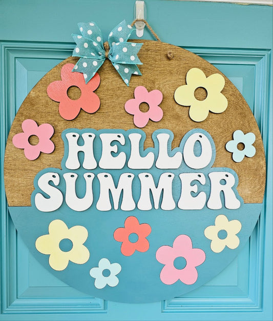 Hello Summer Retro Flowers Door Hanger