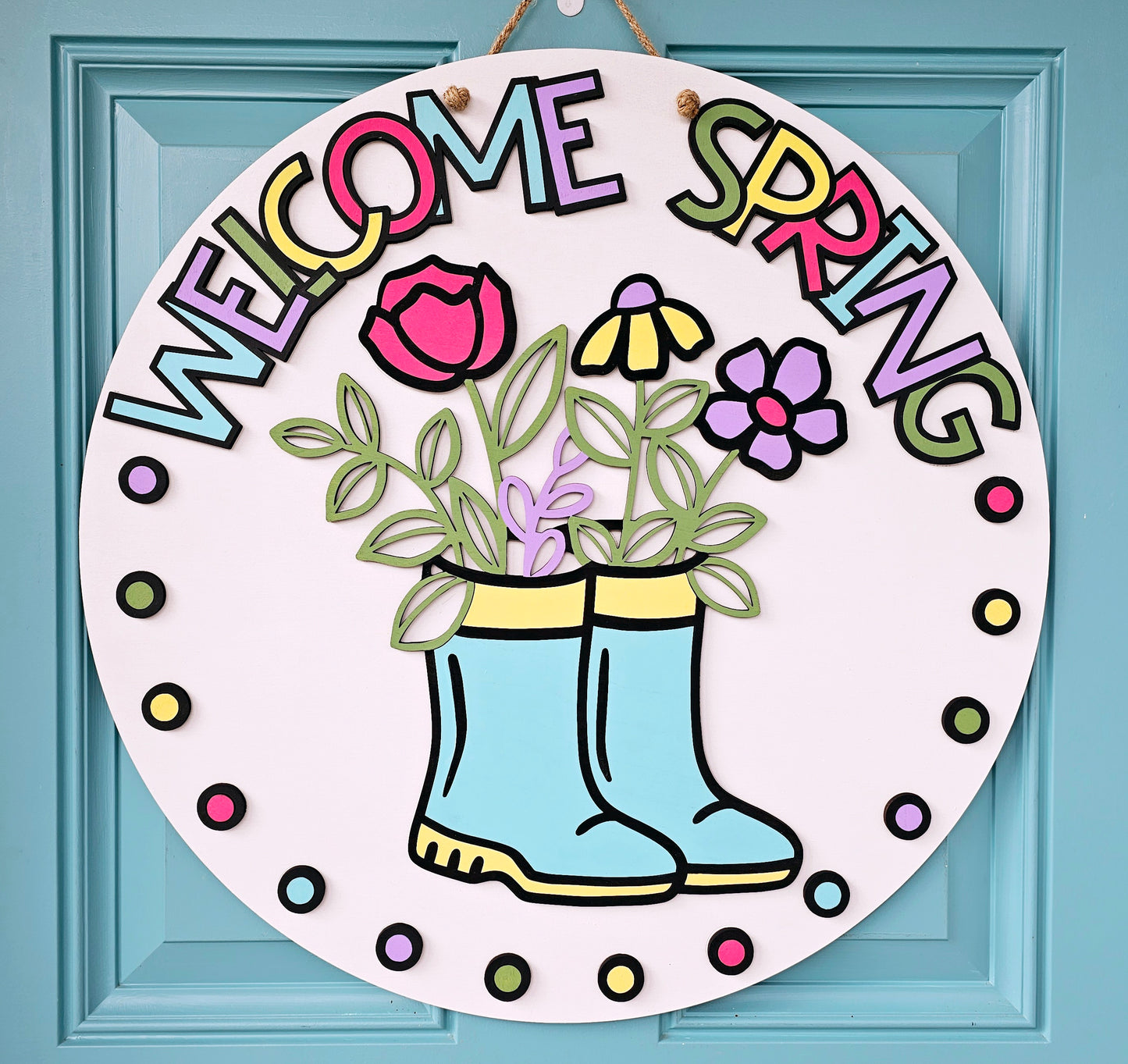 Welcome Spring Polka Dots Rainboot Door Hanger