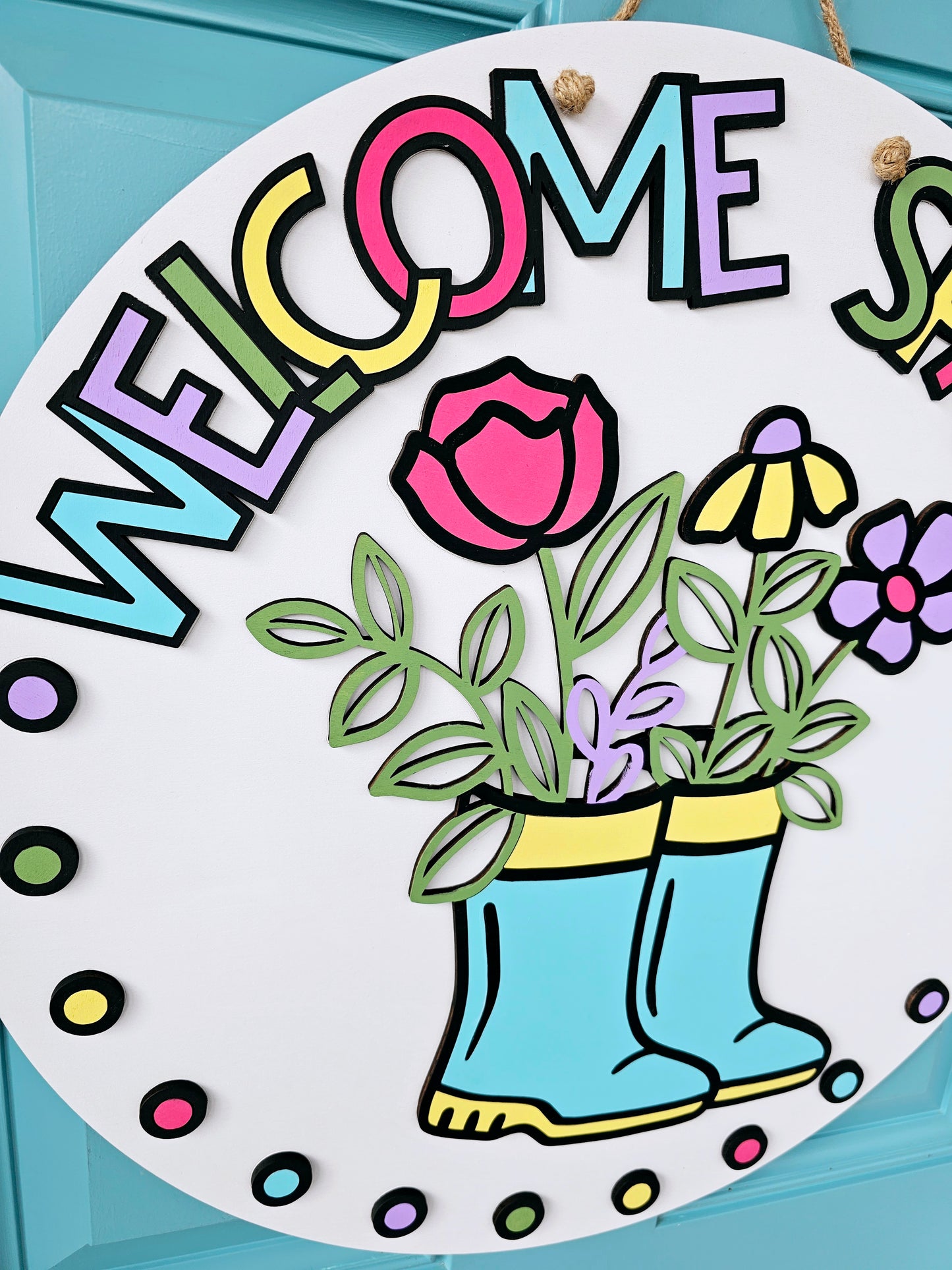 Welcome Spring Polka Dots Rainboot Door Hanger