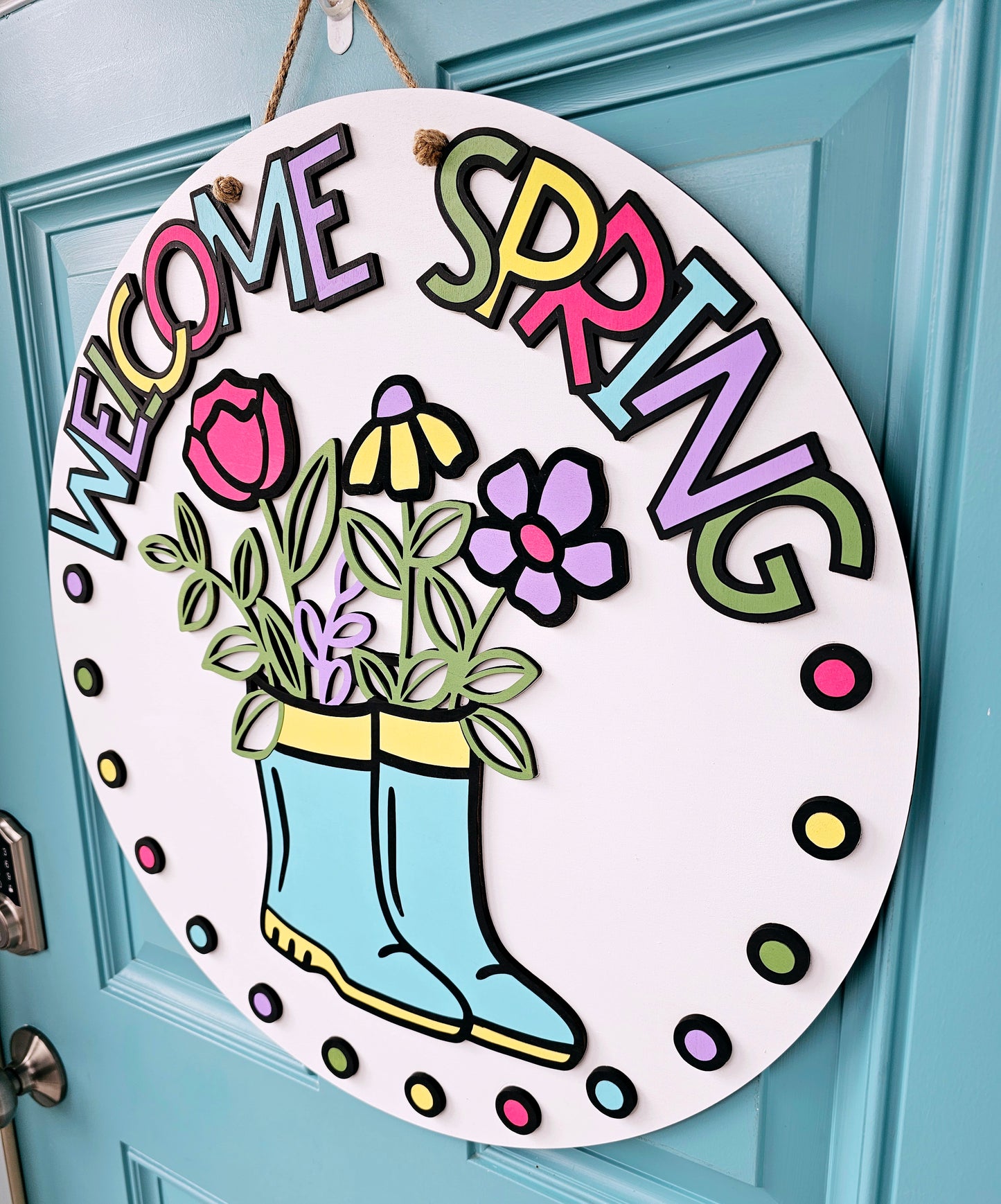 Welcome Spring Polka Dots Rainboot Door Hanger