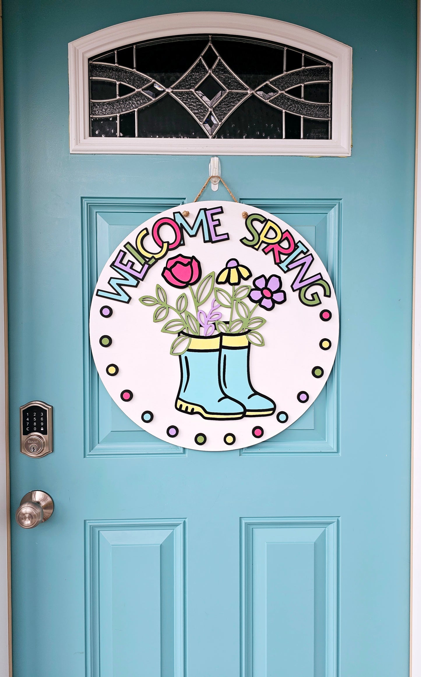 Welcome Spring Polka Dots Rainboot Door Hanger