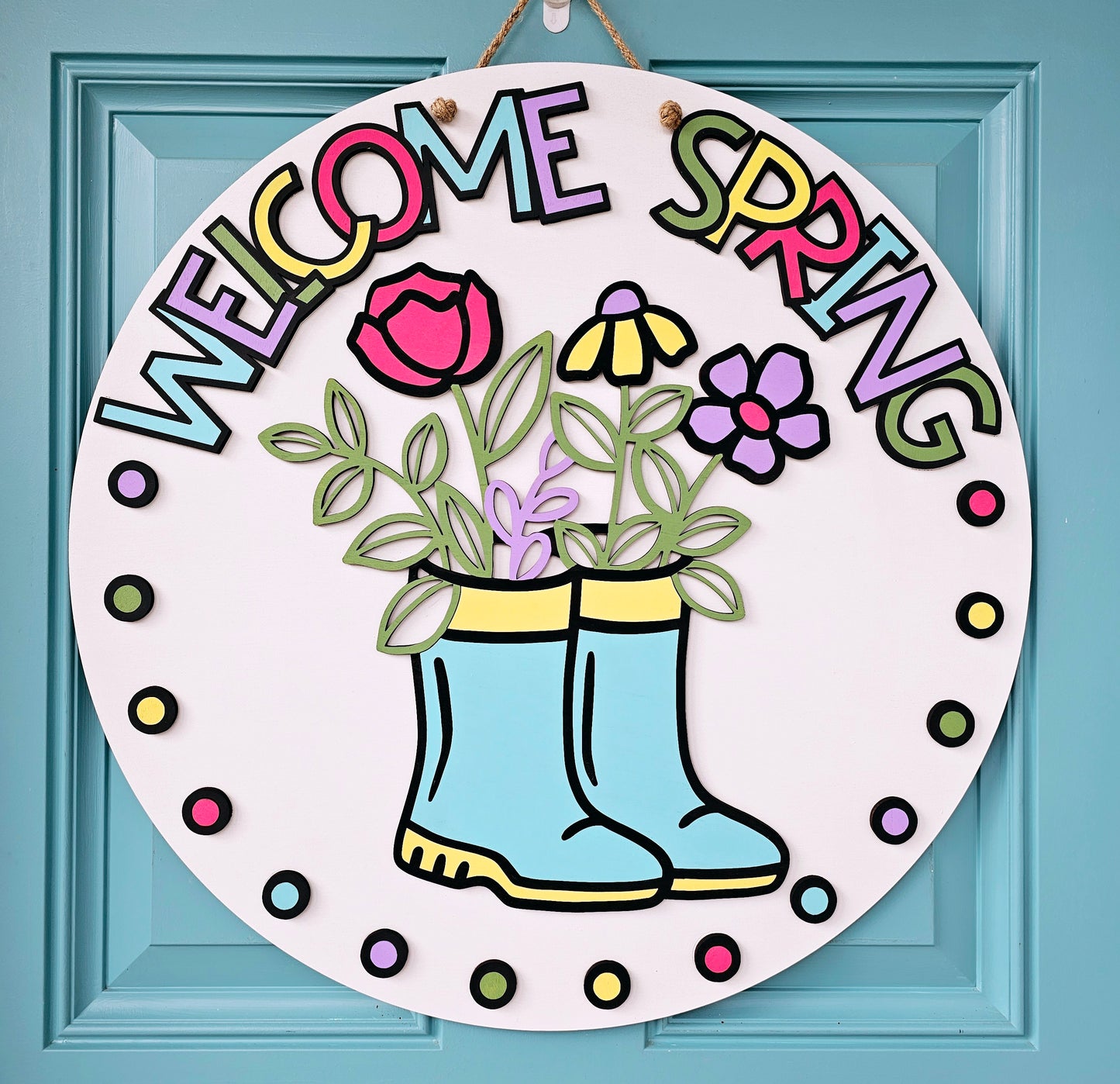 Welcome Spring Polka Dots Rainboot Door Hanger