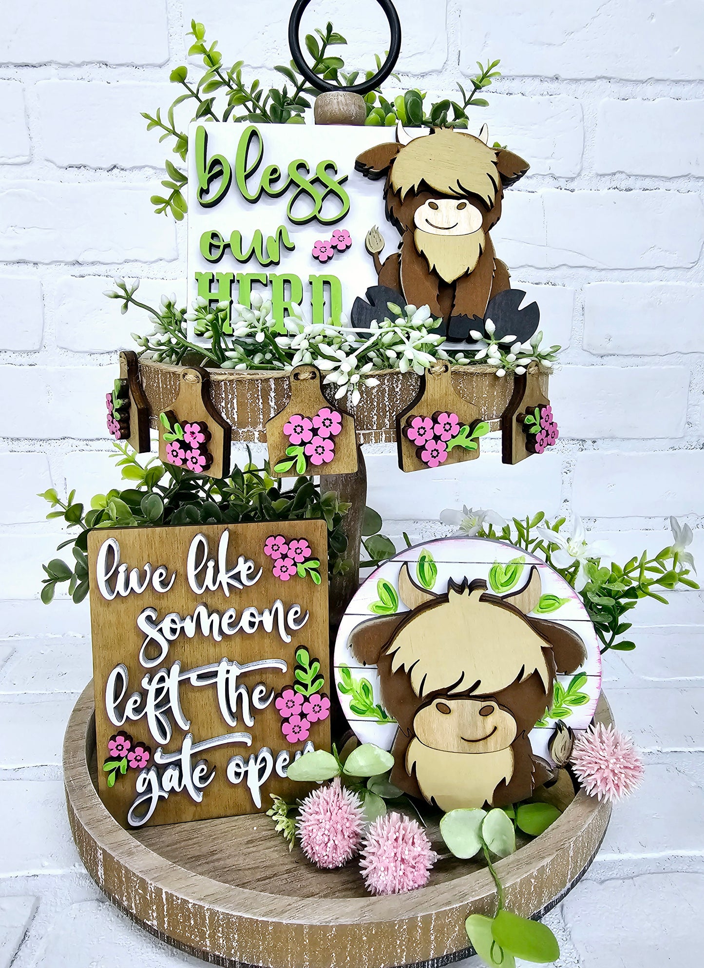 Spring Highland Cow Tiered Tray Set