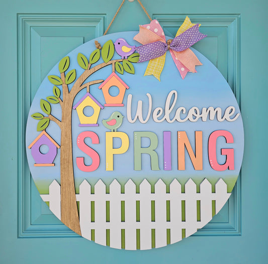 Welcome Spring Birdhouse Door Hanger