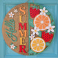 Decorative wall art with 'Summer' text and fruits on a blue background
